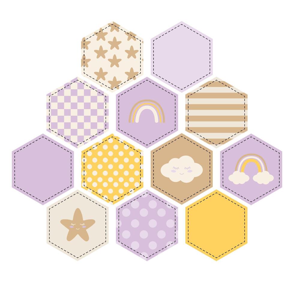 Cute patchwork pattern of hexagons with various childish motifs. Print for fabric. Quilt design for children's room. Dots, stars, rainbows, clouds and other childish elements. vector