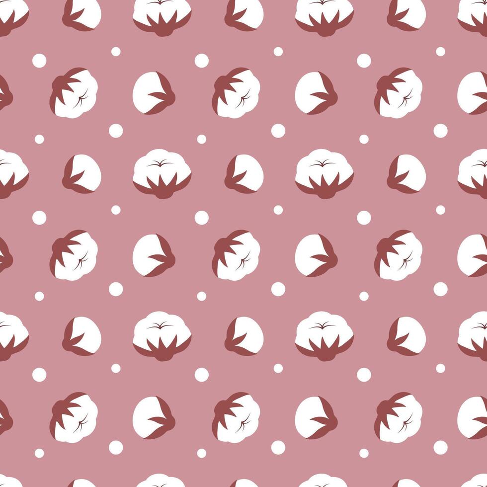 Seamless pattern featuring stylized white fluffy cotton flowers buds with sepals on pink background. vector