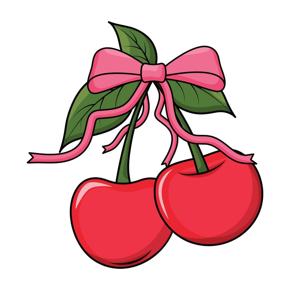 The illustration shows a pair of shiny bright red cherries with green stems tied with a playful pink ribbon. vector