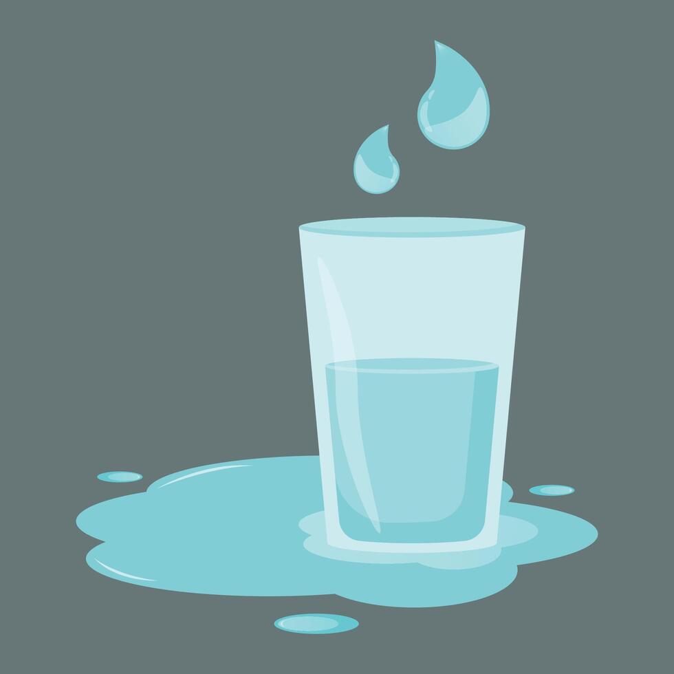 A transparent blue glass filled with water on a muted gray background and small droplets of water hover over the glass, a puddle and scattered drops surround its base. vector
