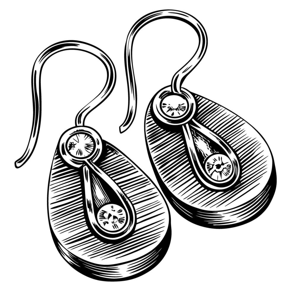 Elegant teardrop earrings with intricate design in black and white illustration vector
