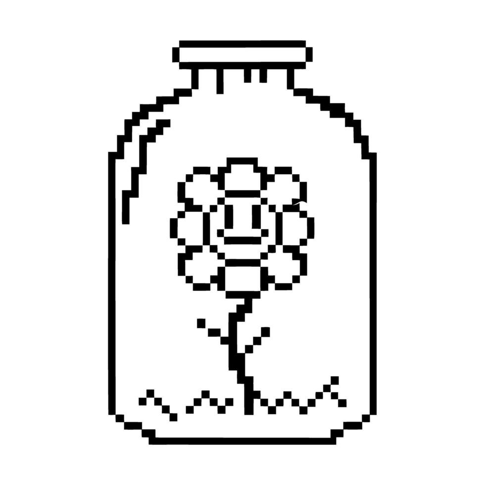 Pixel art flower in jar, monochrome digital botanical illustration pixelated retro design vector