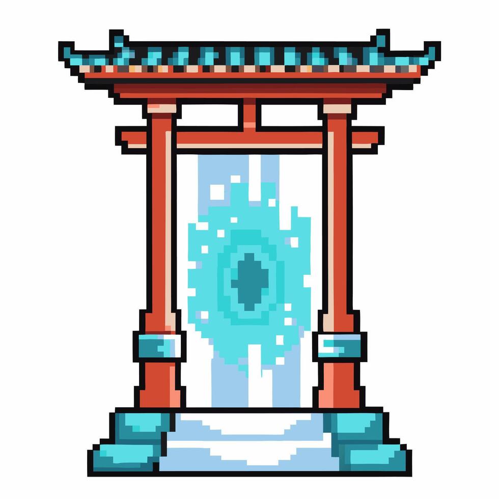 pixel art torii gate with mystical portal retro gaming fantasy, japanese temple vibe, digital artwork vector