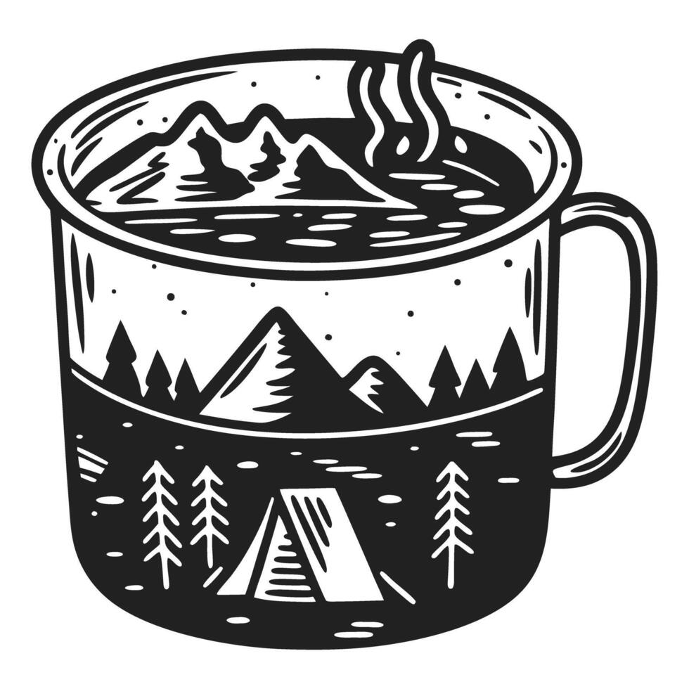 Camping adventure mug design with mountains and tent illustration vector