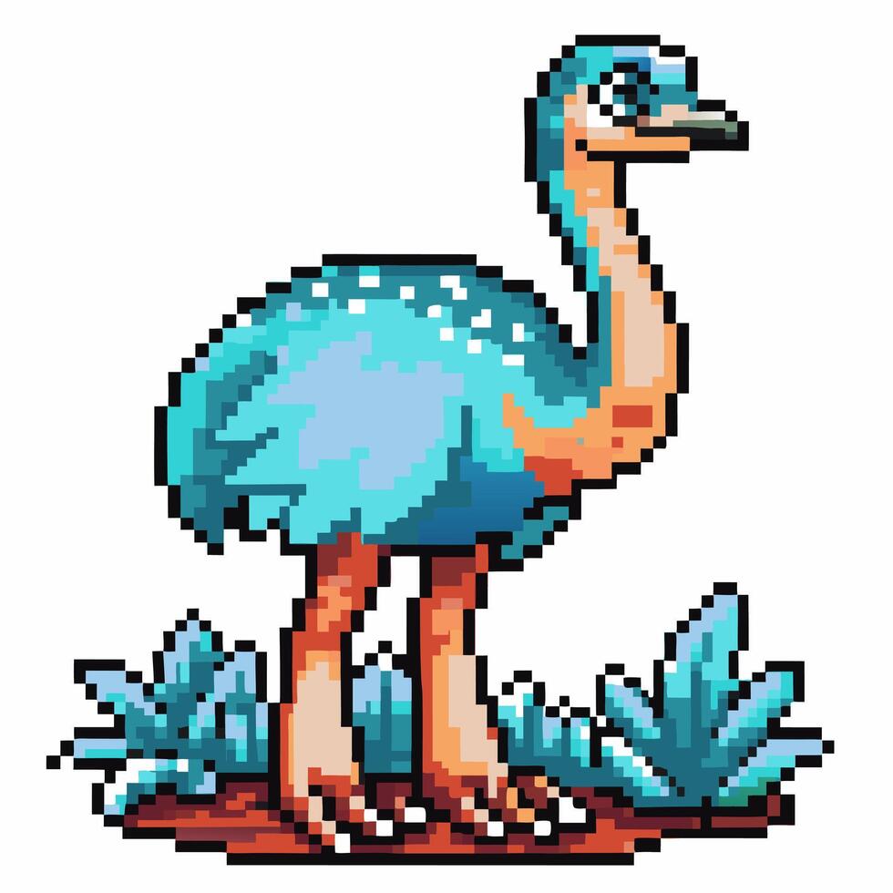 Pixelated ostrich retro graphic of blue feathered bird with bushes vector