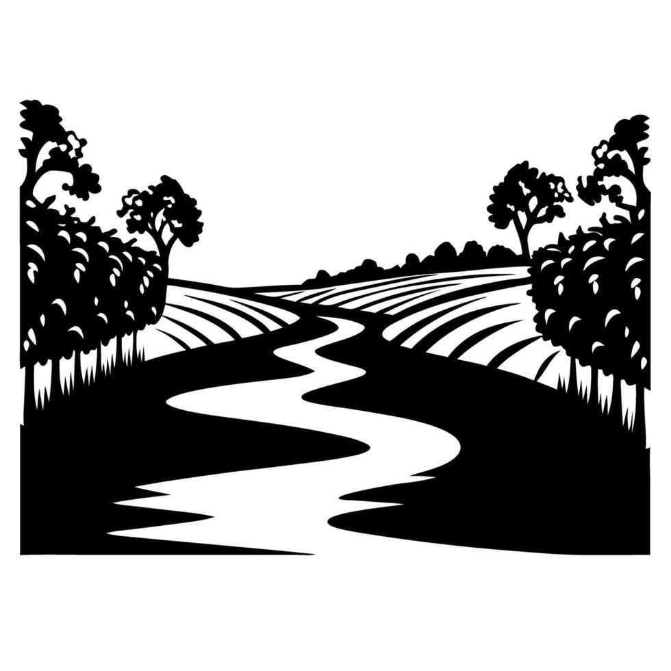 Silhouette landscape winding river through fields and trees, nature illustration vector