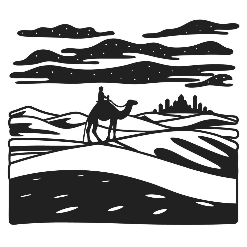 desert silhouette with camel caravan and distant cityscape under starlit sky vector