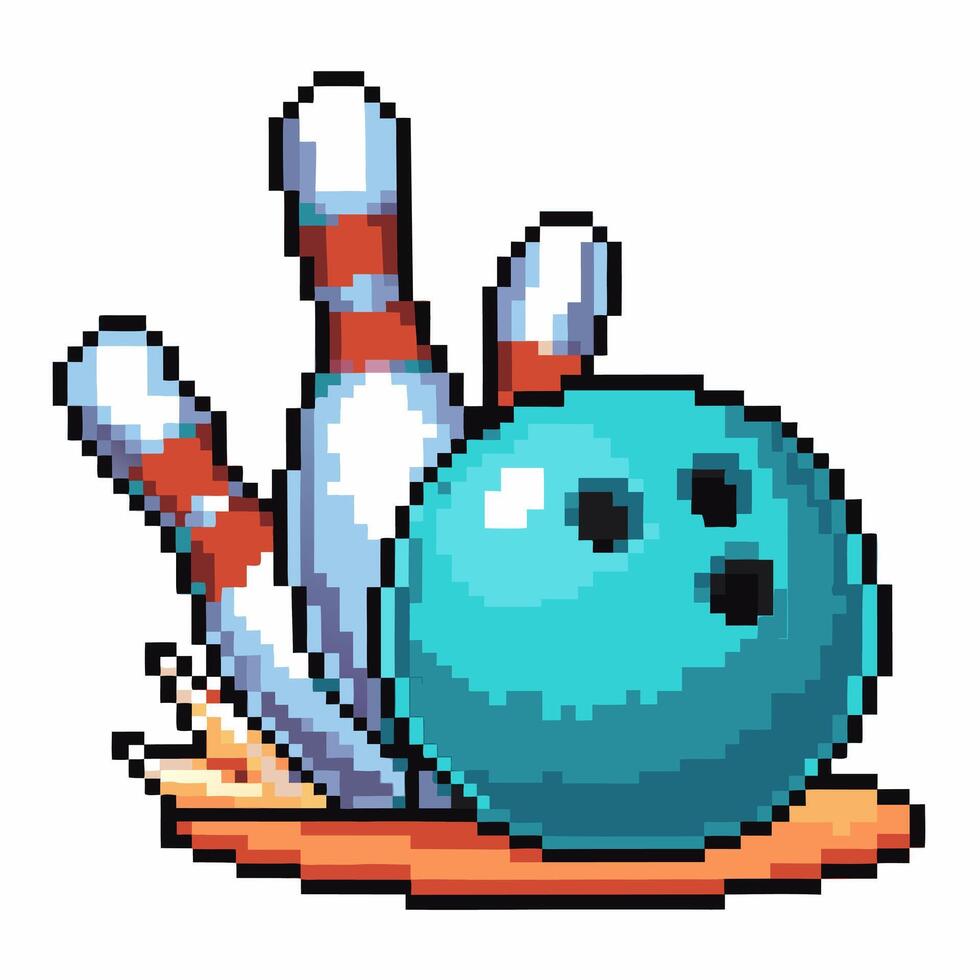 retro pixel art bowling scene blue bowling ball knocks down pins vintage game illustration vector