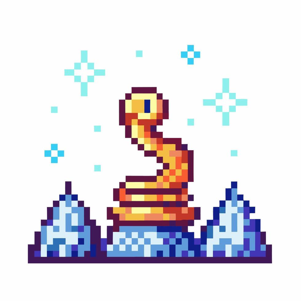Pixelated golden serpent with spirals and stars against icy peaks backdrop vector