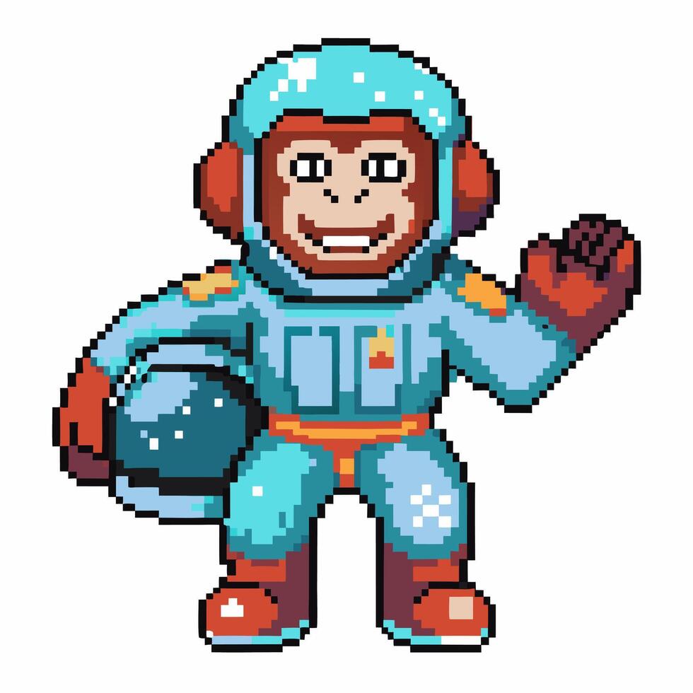 Smiling pixel art monkey in space suit with helmet retro 8 bit astronaut waving greeting vector