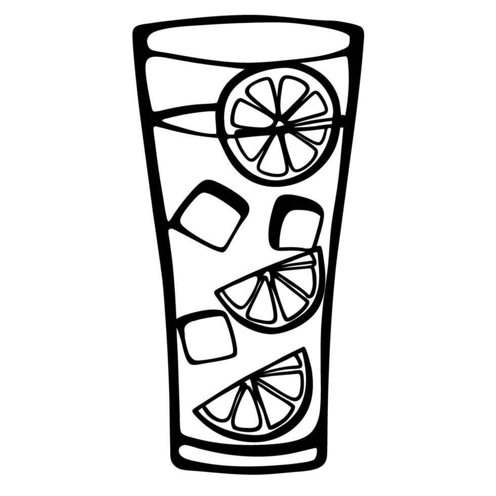 Black and white lemonade glass with ice cubes and lemon slices illustration vector