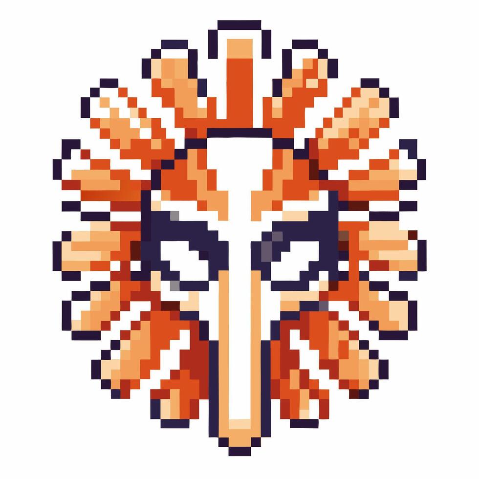 pixel art tribal mask with feathered headpiece and abstract pattern vector