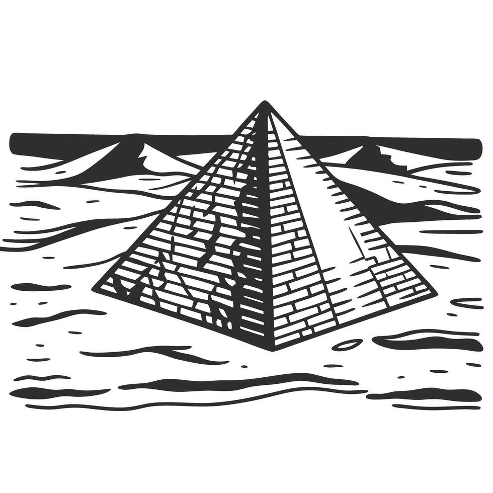 Ancient pyramid in desert landscape, black and white illustration vector