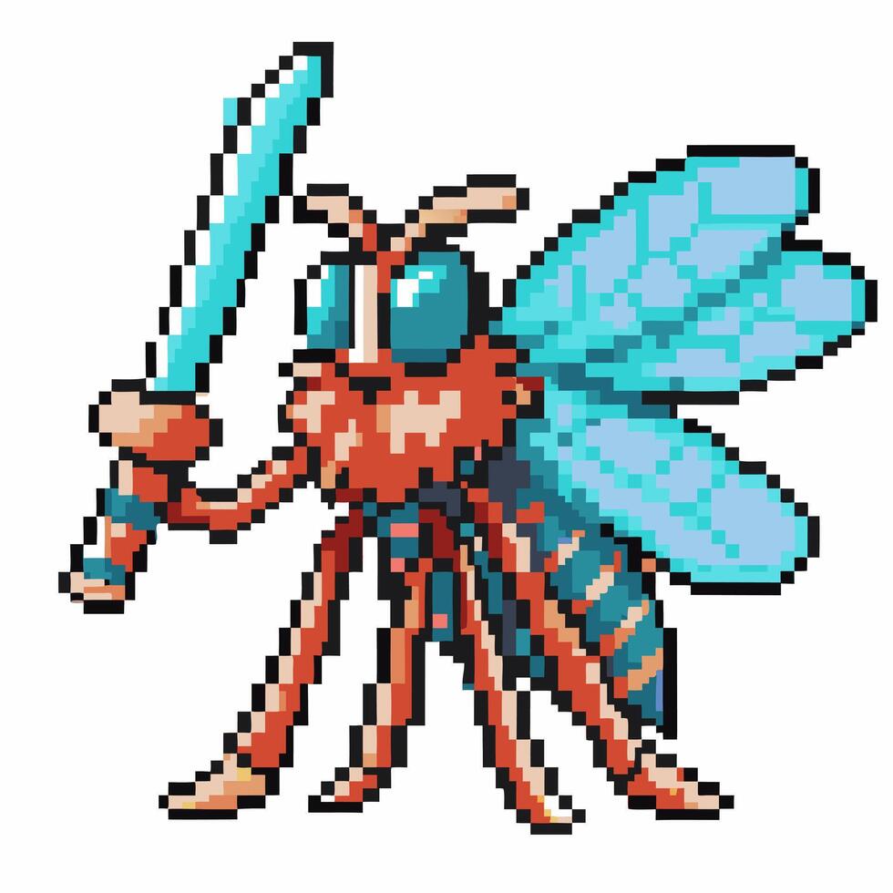 pixel art samurai dragonfly with sword in retro game style, vibrant blue wings vector