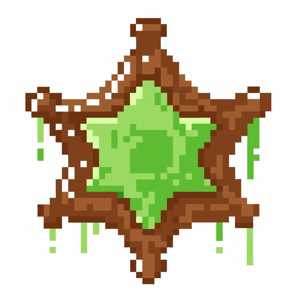 Pixel art star badge with green gem center and rustic design vector