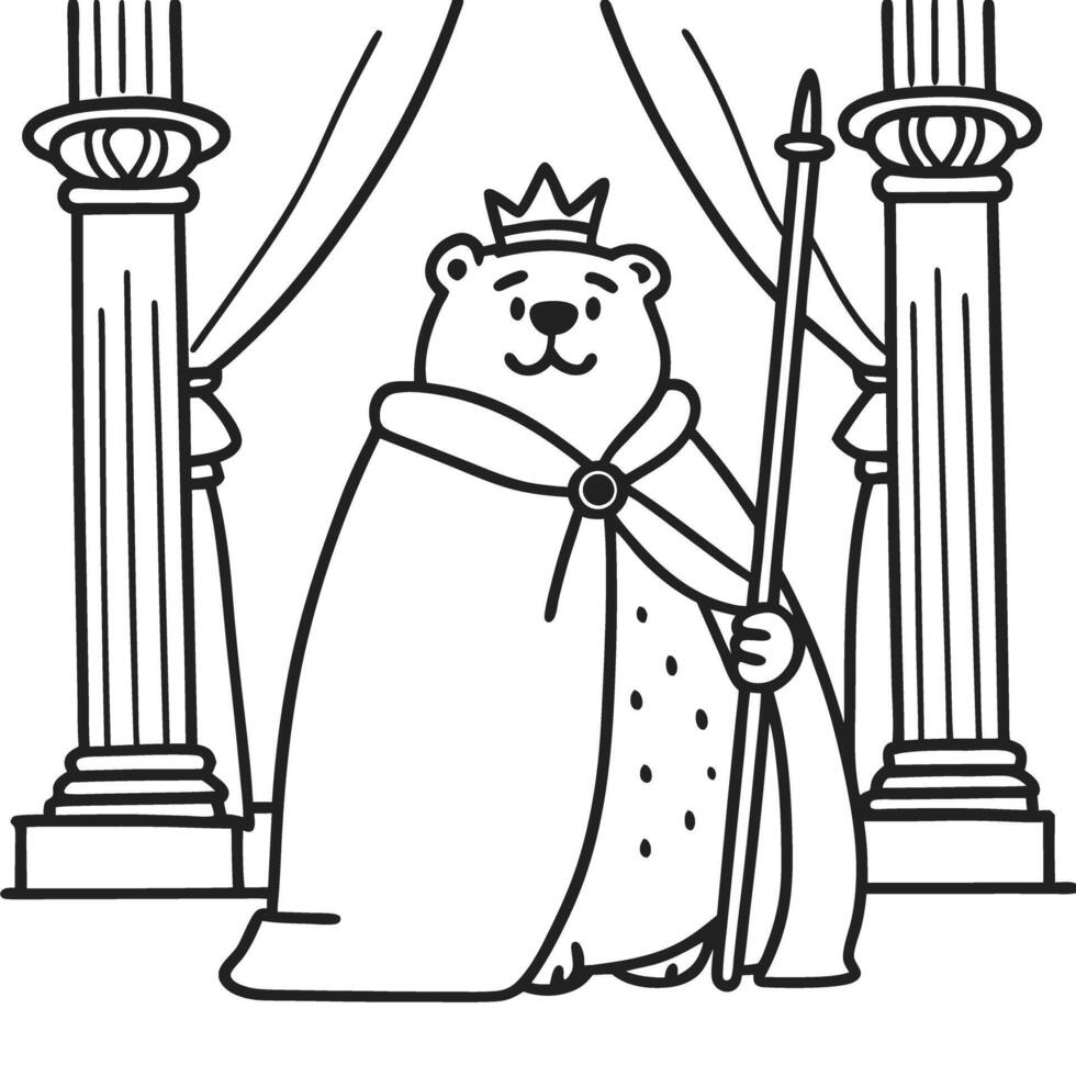 royal bear illustration in king attire with robe, crown, and scepter standing before grand drapes vector