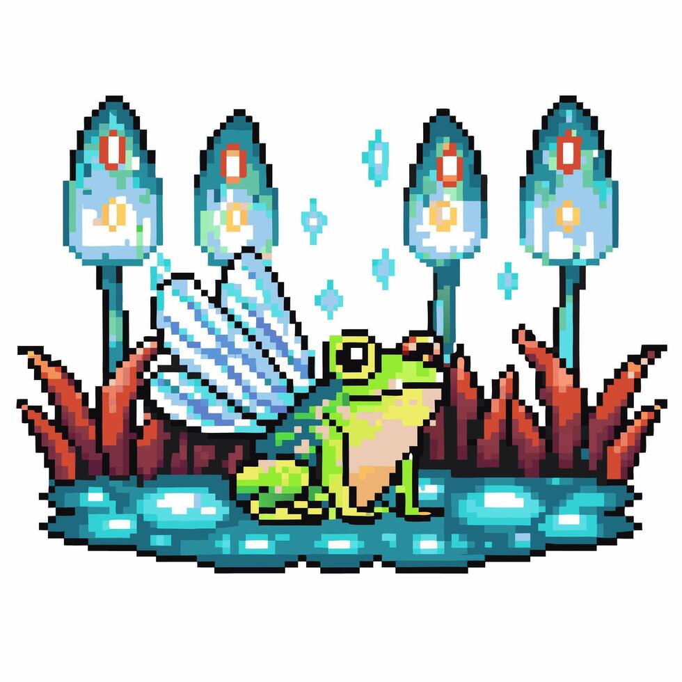 Pixel art enchanted frog with magical wings in fantasy marshland vector