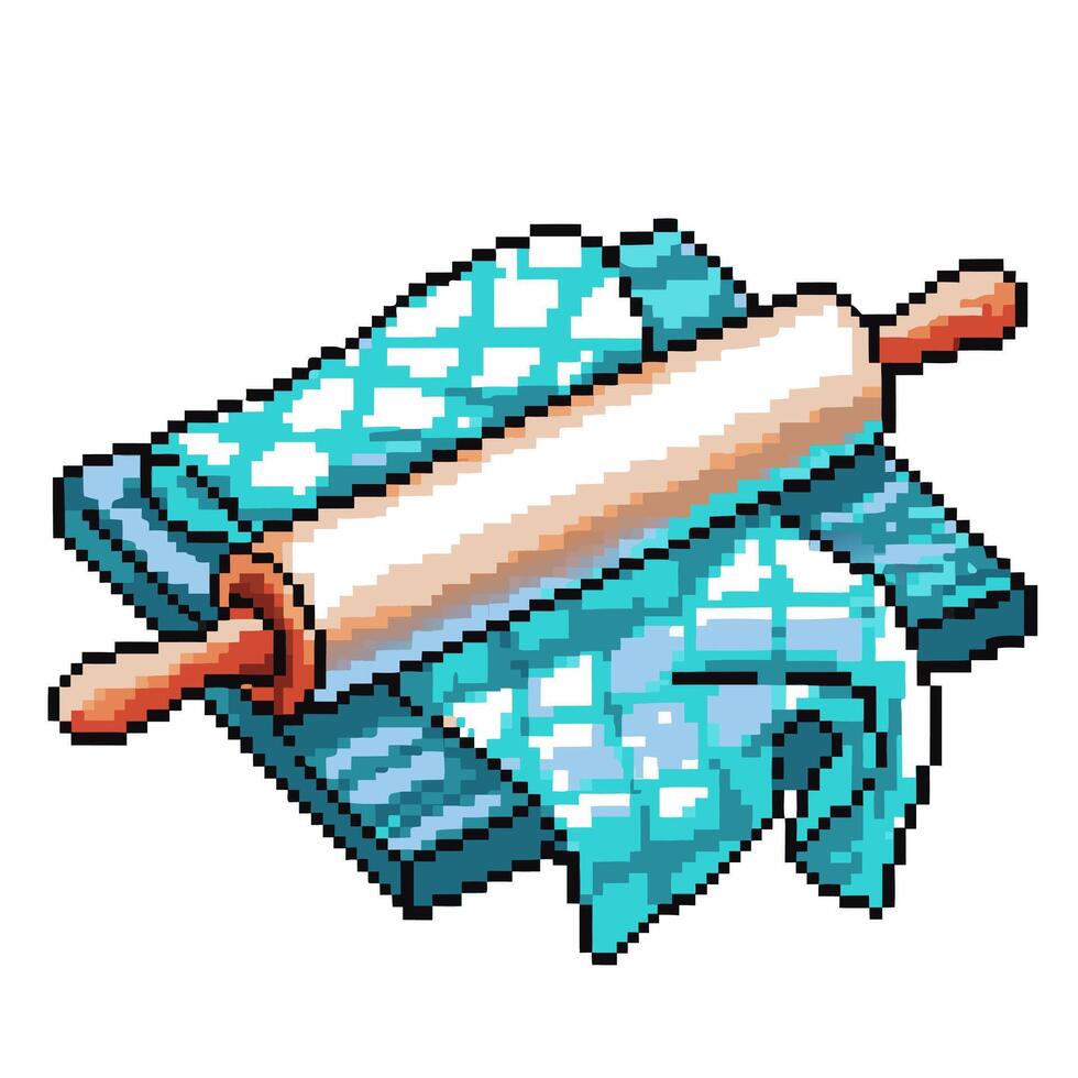 Pixel art rolling pin and blue cloths for baking enthusiasts vector