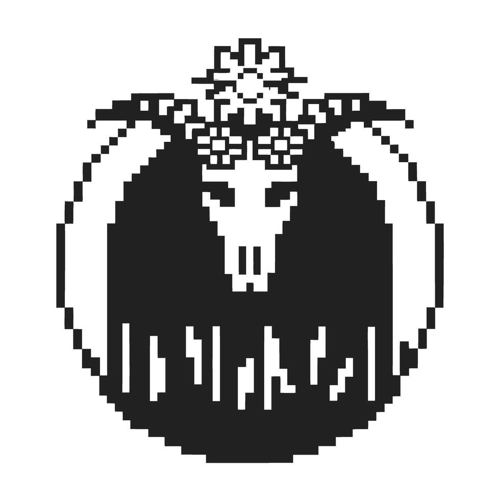 pixel art emblem of goat skull with flowers, black and white retro design vector