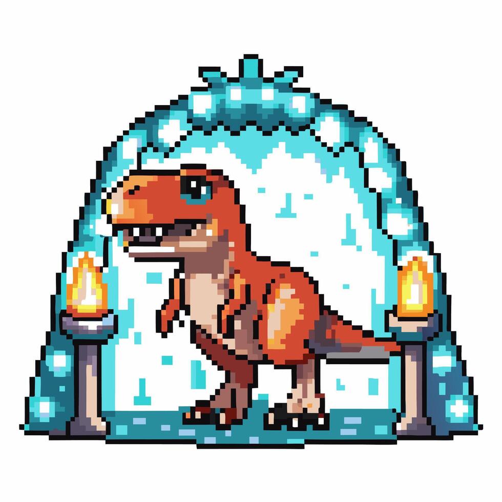 pixel art dinosaur in ice cave retro t rex with torches, digital 8 bit vector