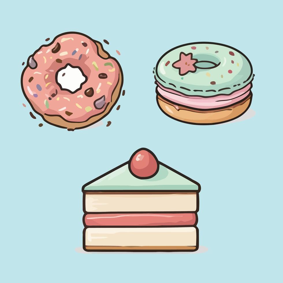 A set of donuts and cakes on a blue background vector