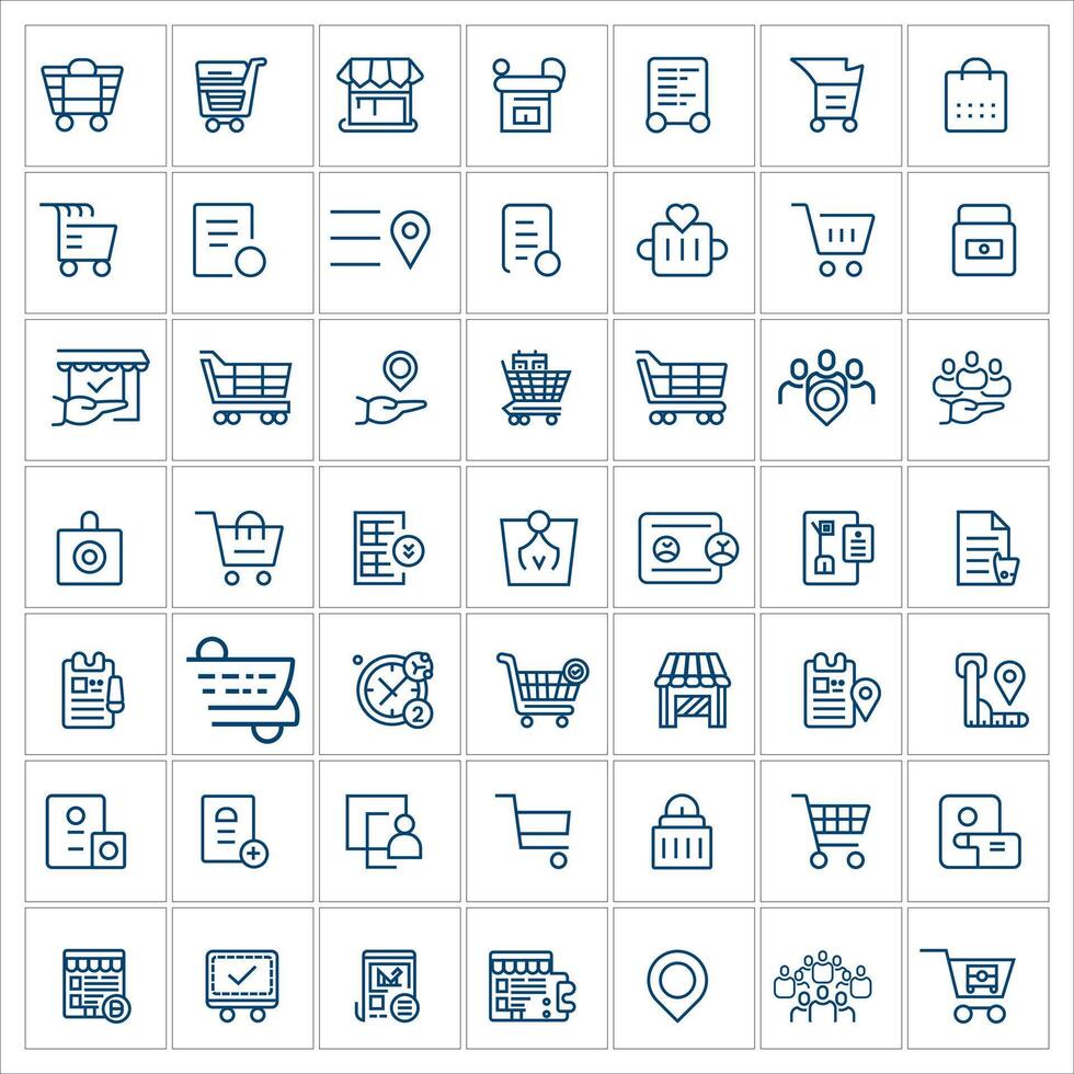 Realistic online shopping and E commerce icon set. E commerce and shopping related icon set on store, retail, sale, currency, customer, chart, trolley icon, online shopping line shape Icon vector
