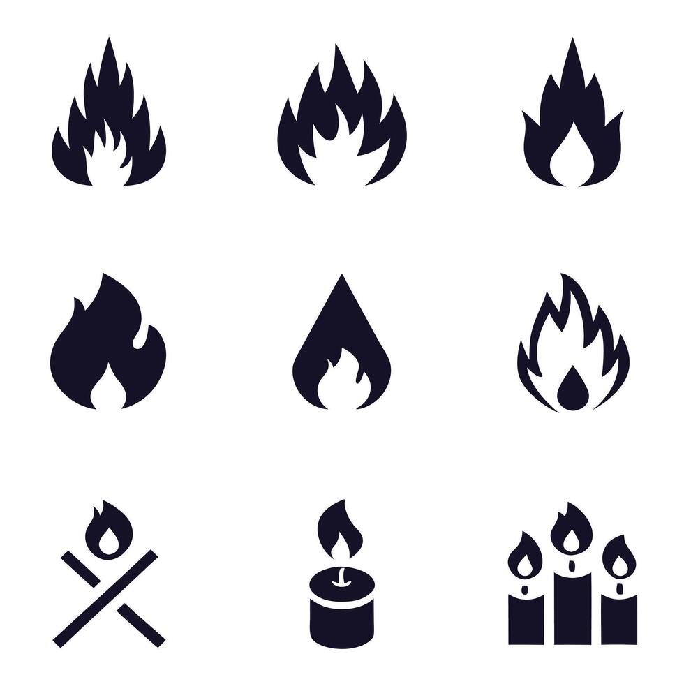 Fire icon set flame and danger warning symbols for hot, flammable web design elements vector