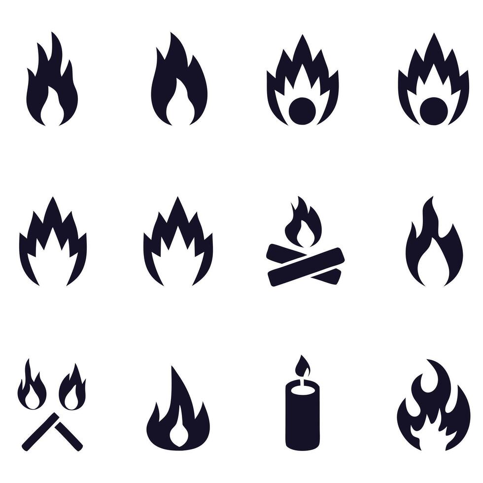A versatile set of fire icons featuring flame, heat, and danger symbols for various design illustrations vector