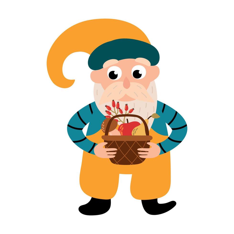 Cartoon Gnome Holding Harvest Basket Illustration. White background, isolate vector
