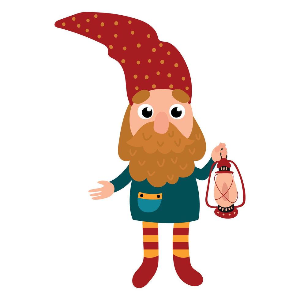 Cartoon Gnome Holding a Lantern Illustration. White background, isolate vector