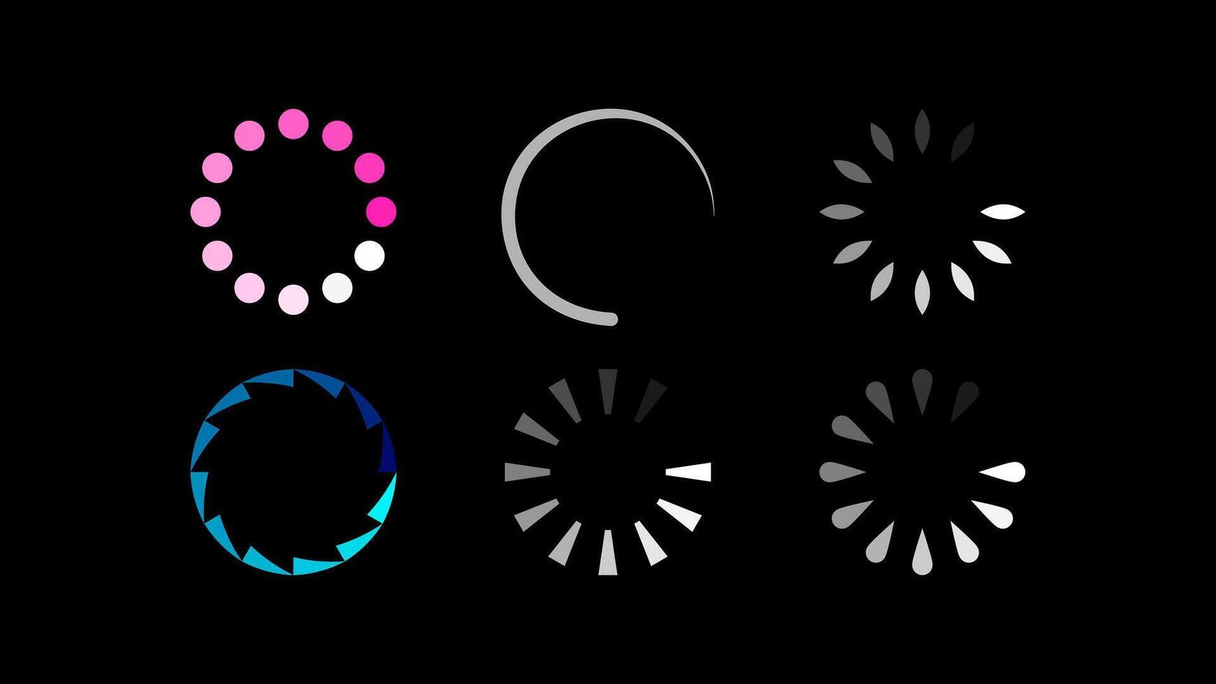 Loading Spinner Icon Set for Web App UI Design and Buffering Animation on Black Background vector