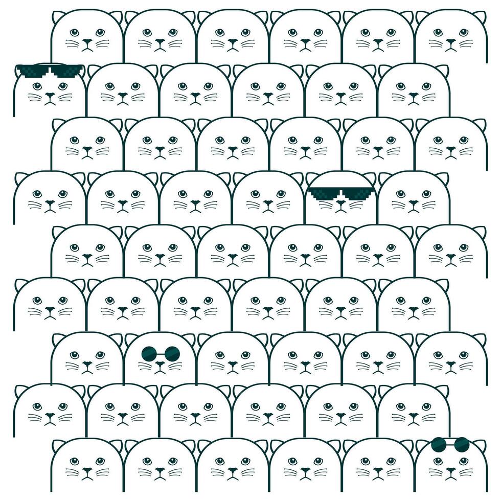 Cute Cat Doodle Pattern Funny Hand Drawn Kitty Faces with Glasses and Eye Patch Minimalist Animal Line Art for Kids Fabric Wall Art and Stickers vector