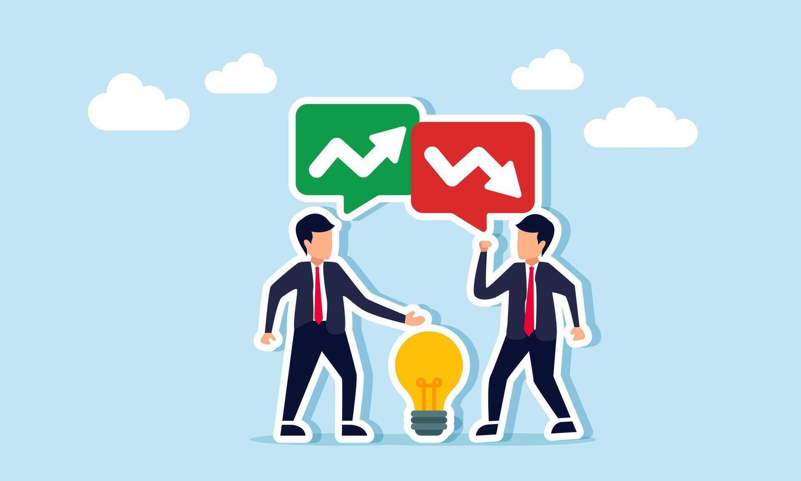 Two businessmen standing between lights arguing with chat dialogs showing up and down arrows illustration of different opinions about business idea suggestions vector