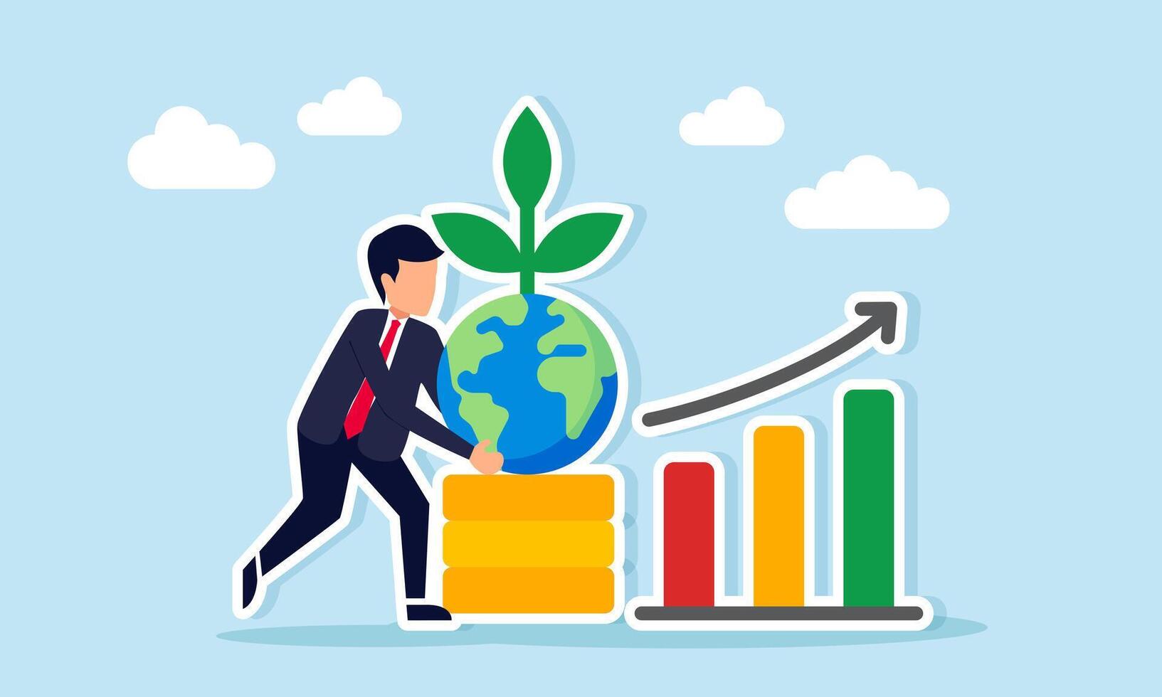 Businessman holding earth with plant placing it on pile of coins near graph illustration of promising and good eco green business prospects vector
