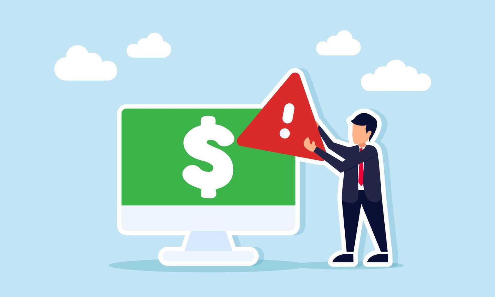businessman holding warning sign next to monitor displaying dollar symbol illustration of financial management awareness to keep business stable vector
