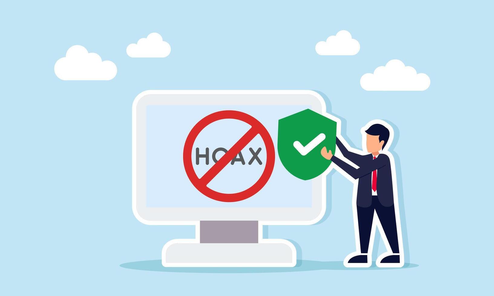 Businessman holding a shield beside a monitor displaying hoax text with a forbidden sign illustration of rejecting false or harmful information vector