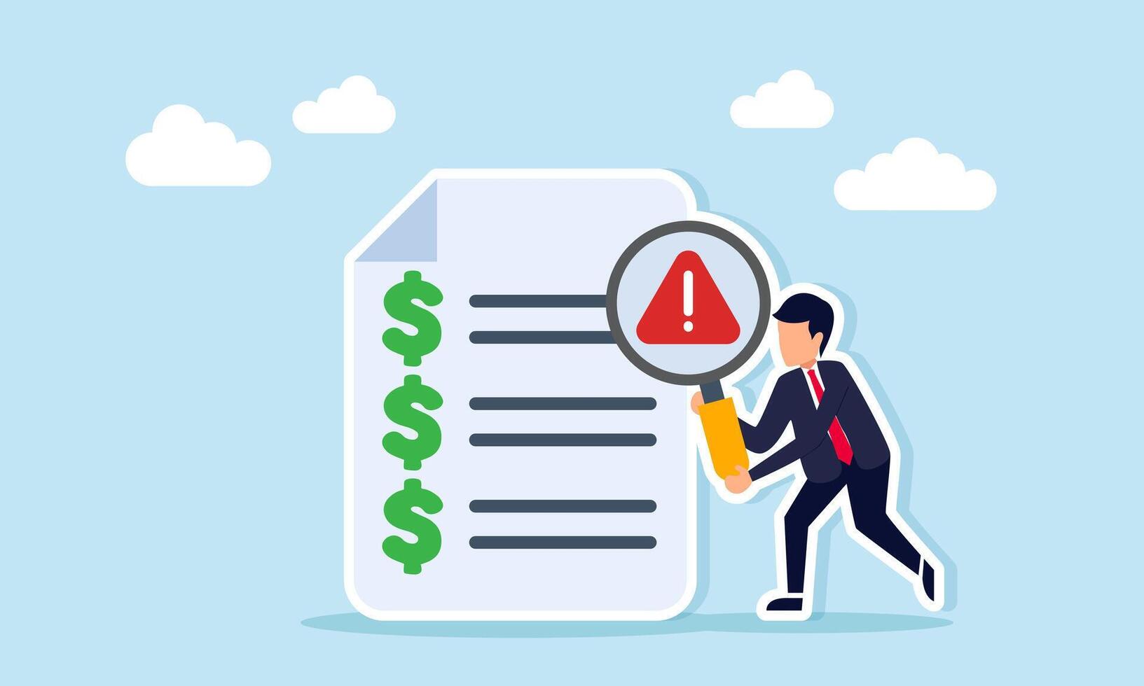 Businessman examining document with dollar list using magnifying glass marked with attention illustration of caution over budgeting to achieve stable company financial condition vector