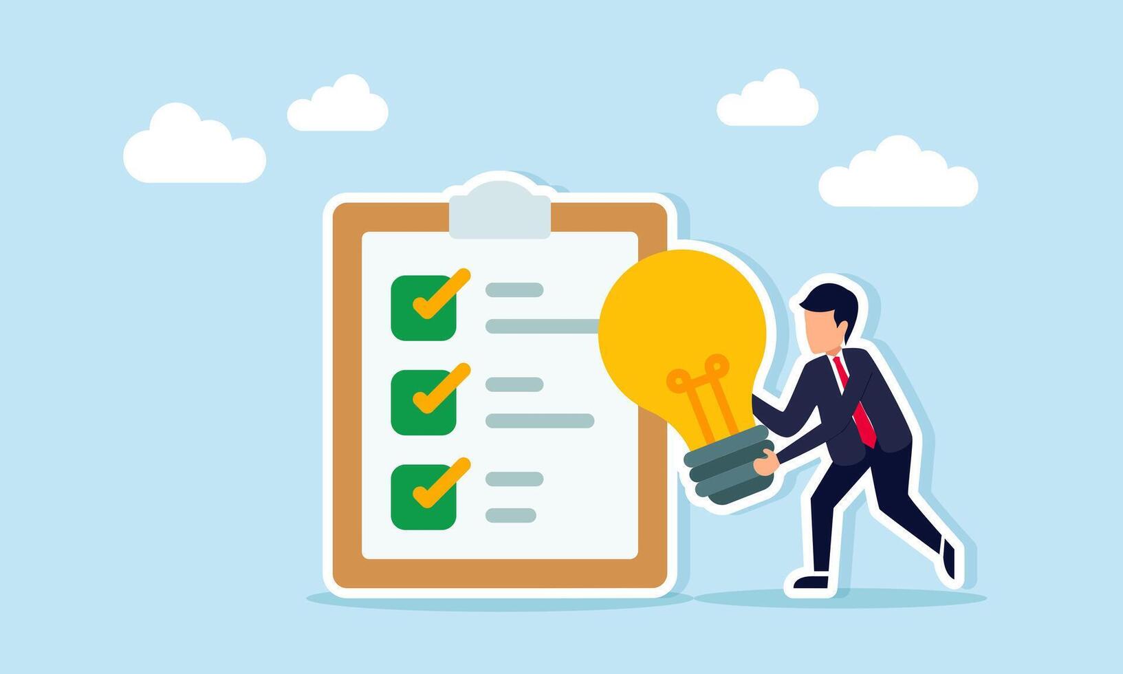 Businessman holding a lit lamp next to a document board with a checklist showing the right business idea implementation to improve work effectiveness vector