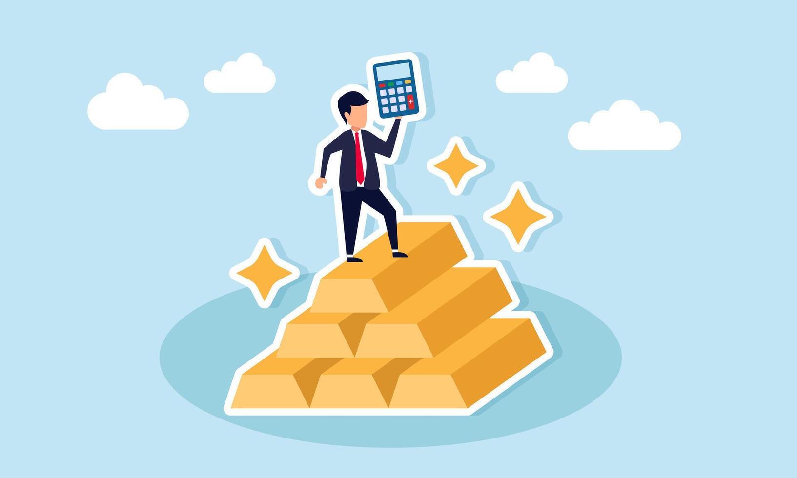 Businessman standing on a pile of gold holding a calculator illustration of investment diversification calculation in gold vector