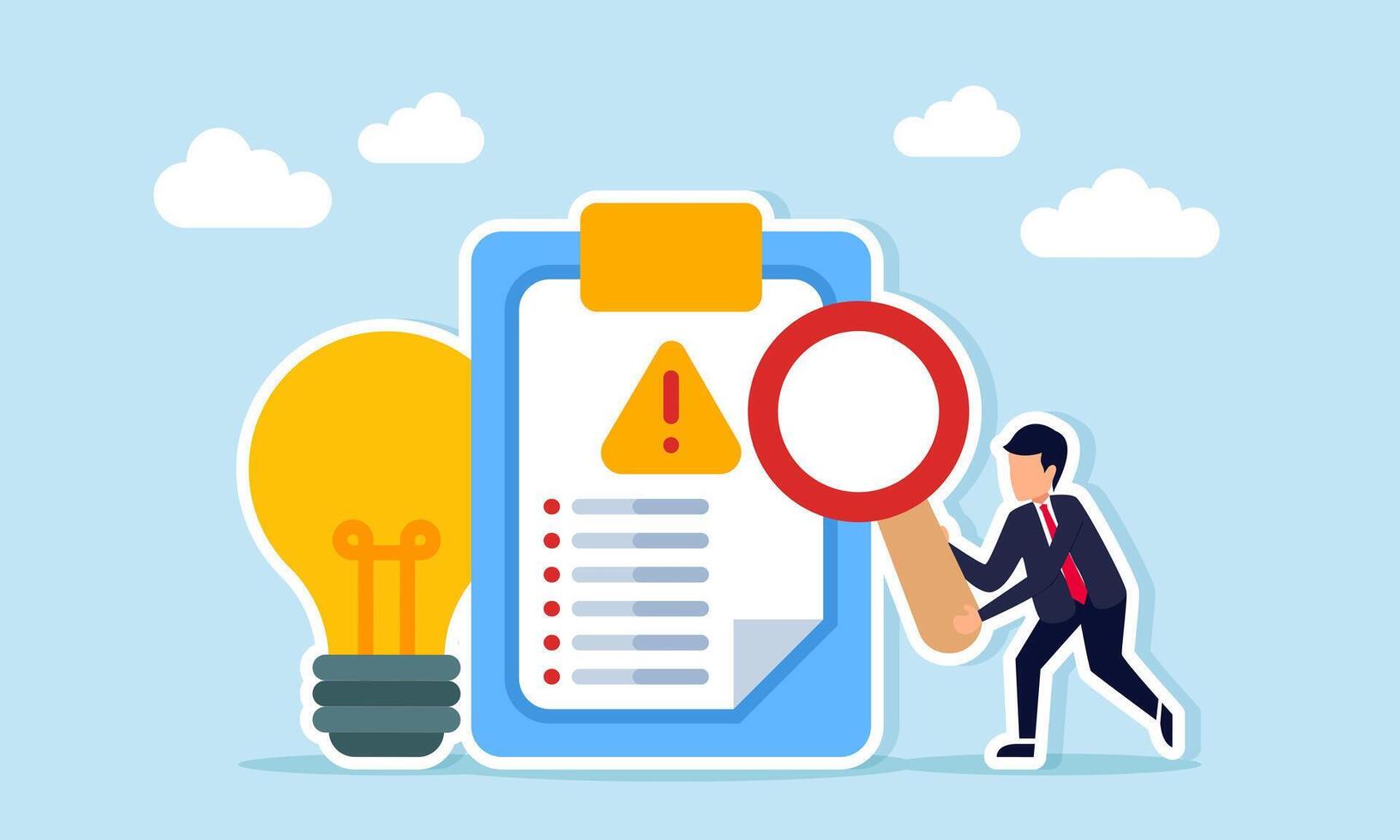 Businessman holding a magnifying glass examining a document with warning sign in front of a lamp illustration of observing and analyzing business ideas risks vector