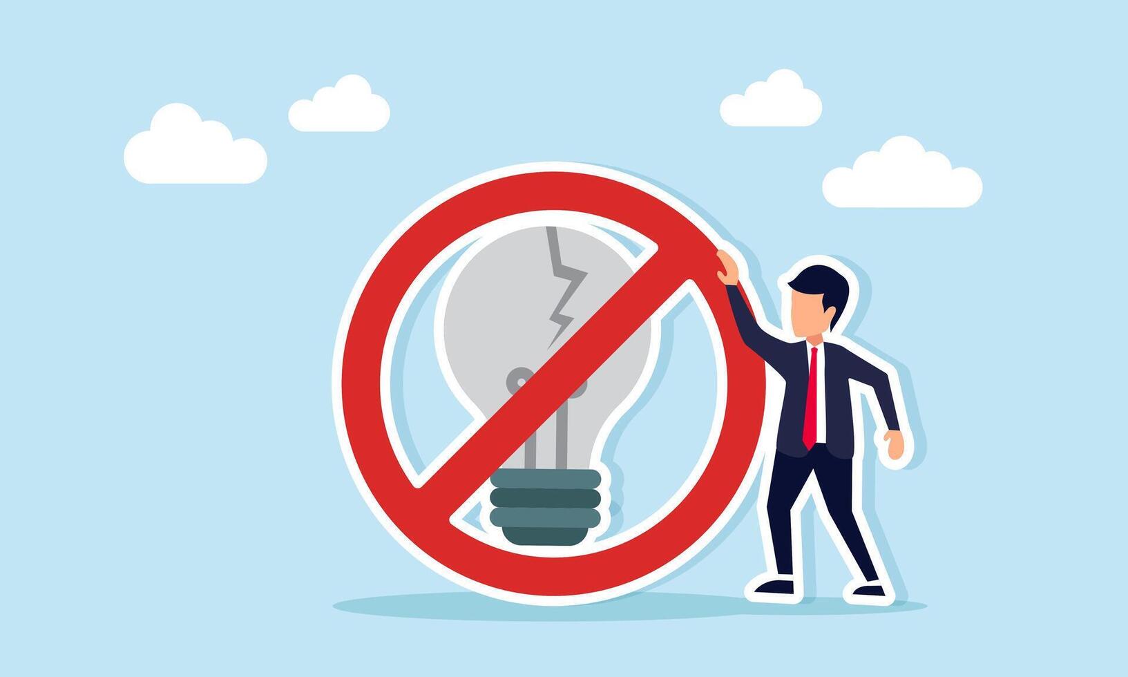 Businessman standing beside broken lamp with a cross sign illustration of caution in applying wrong and unsuitable ideas vector