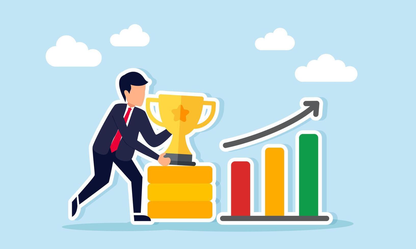 Businessman holding trophy placing it on pile of coins near graph illustration of good performance earning title as leading company vector