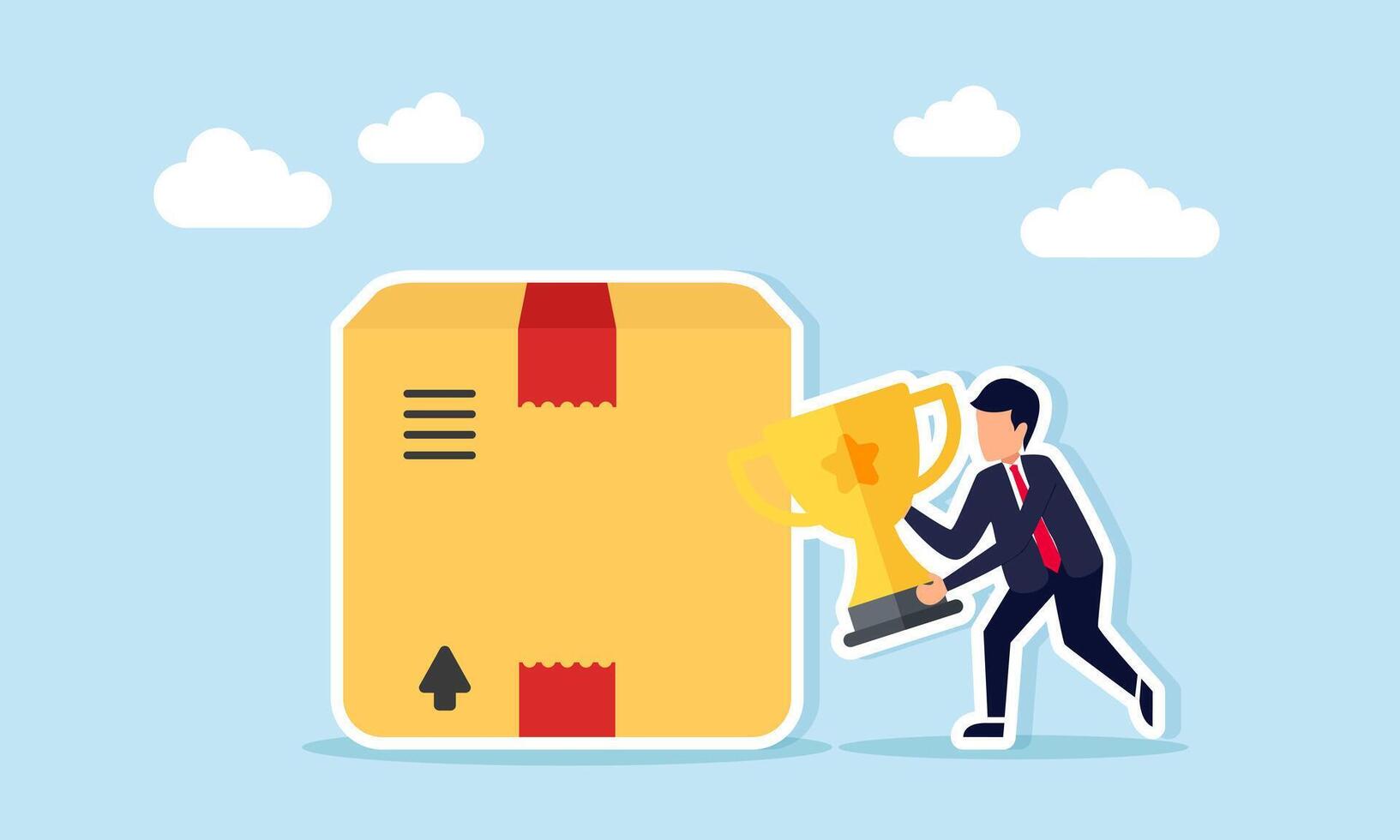 businessman holding trophy next to package box illustration of leading company in the logistics business sector vector