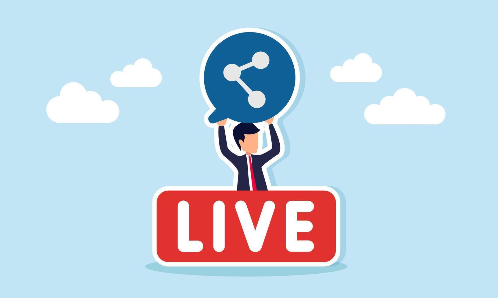 Businessman emerging from behind a live sign holding a share icon illustration of sharing business information vector