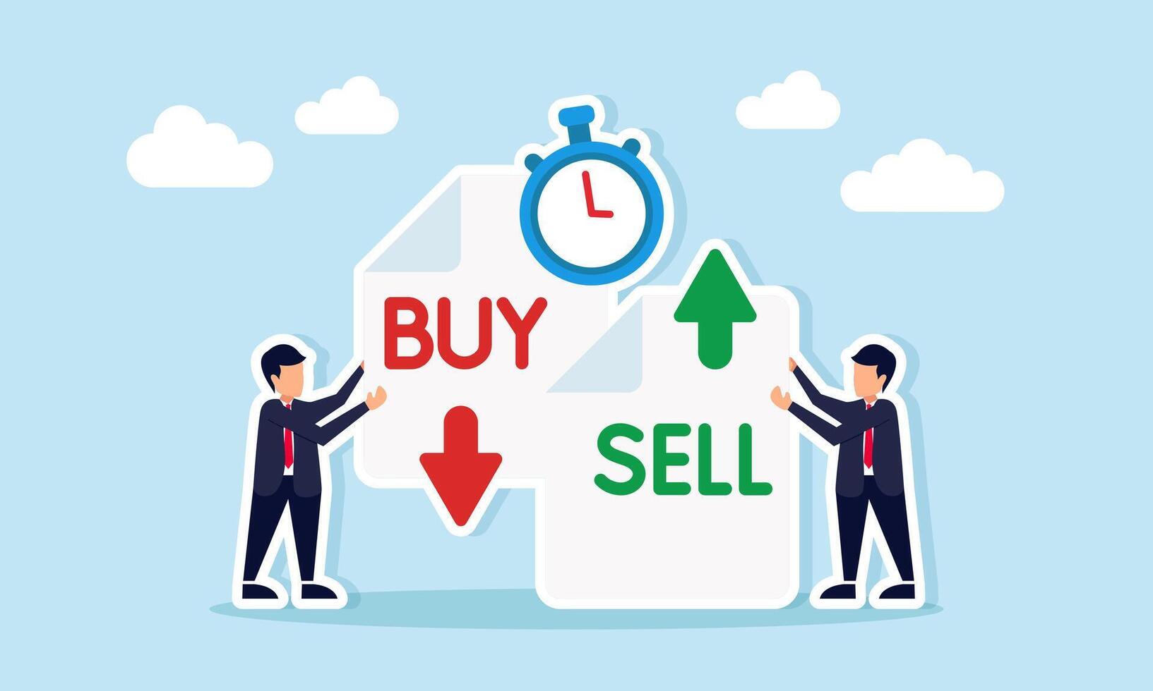 Two Businessmen Holding Buy and Sell Documents with Stopwatch Between Them Illustration of Right Timing for Trading vector