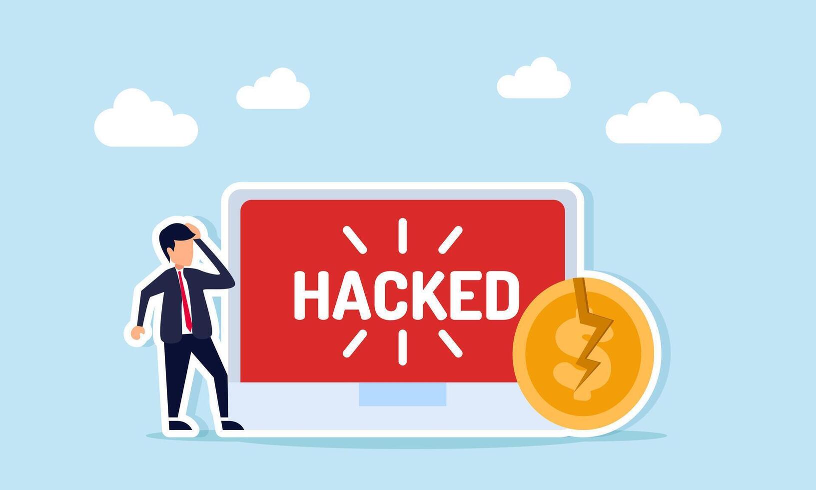 confused businessman next to broken dollar coin and laptop showing hacked text illustration of financial data theft warning by business hacker vector