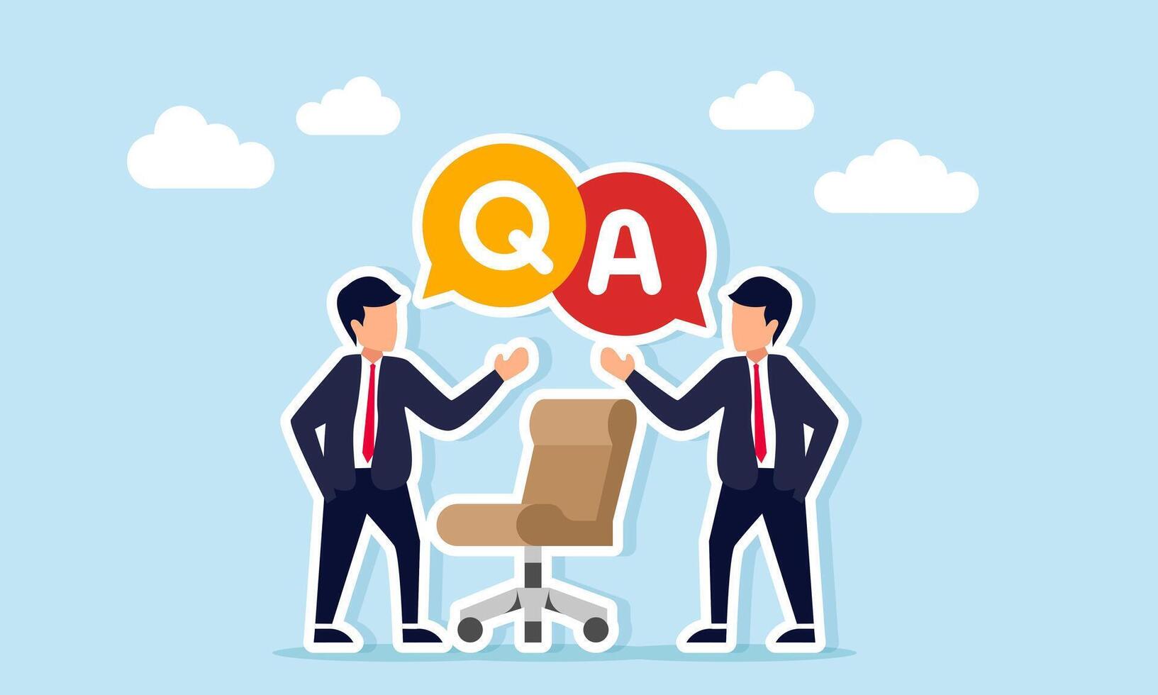 Two businessmen having question and answer session between office chairs illustration of new employee interview vector