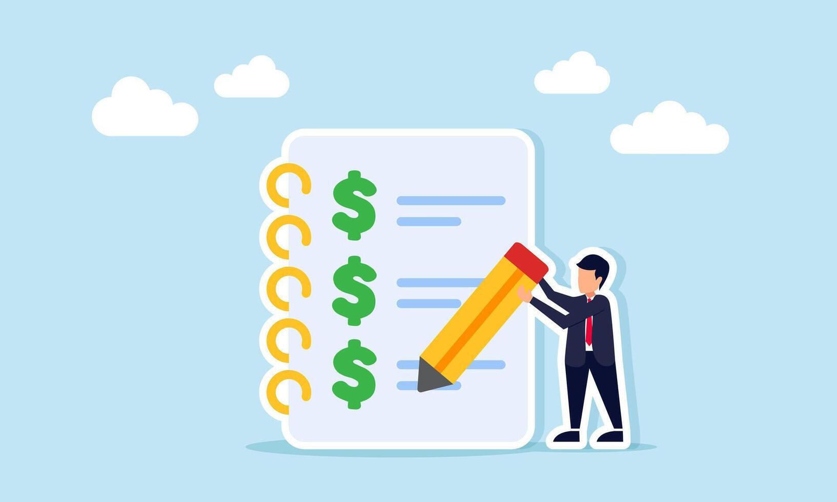 Businessman writing with pencil on document featuring dollar icons representing financial report of business income and expenses vector