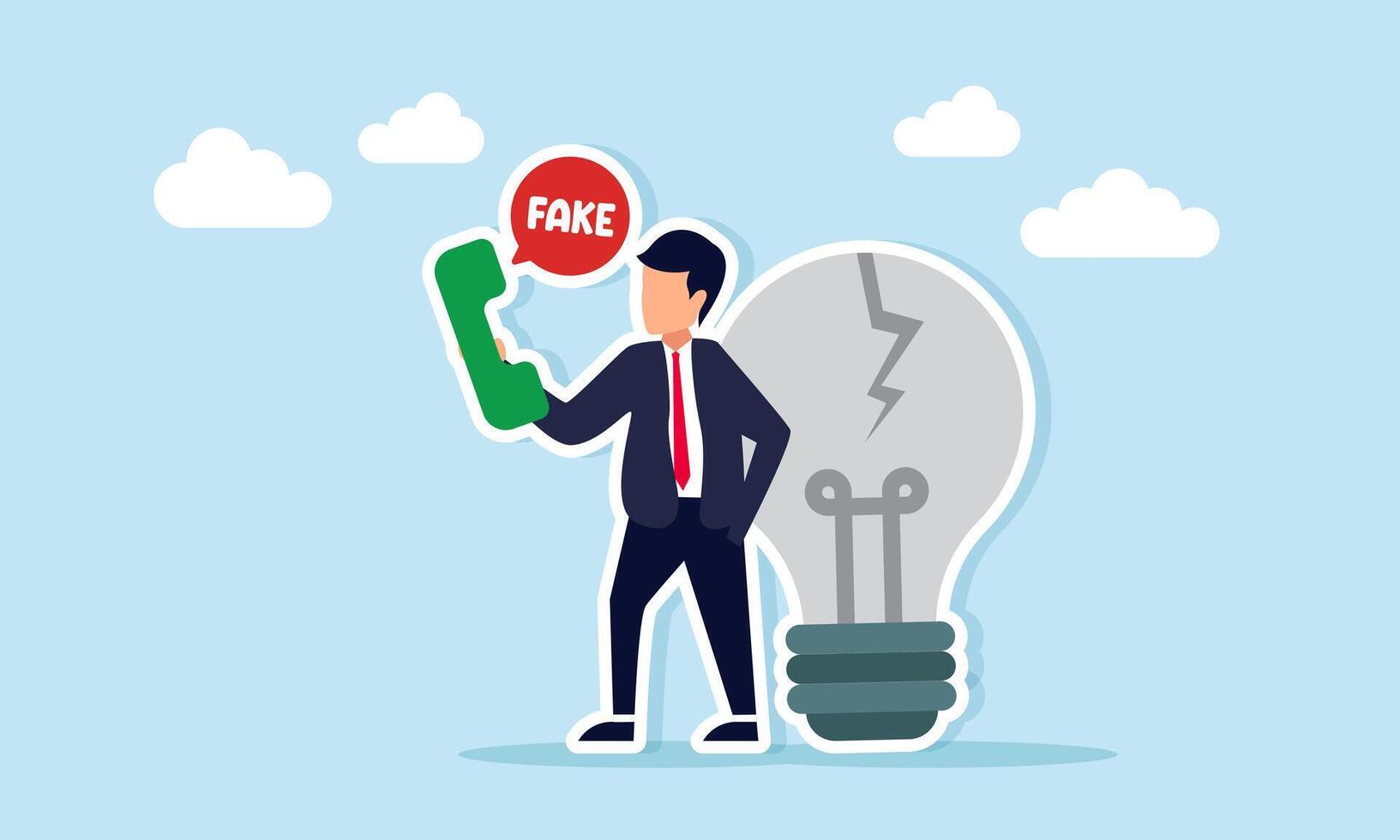 Businessman standing beside a broken lightbulb holding a phone with a chat bubble labeled fake illustration of receiving false and poor idea suggestions vector