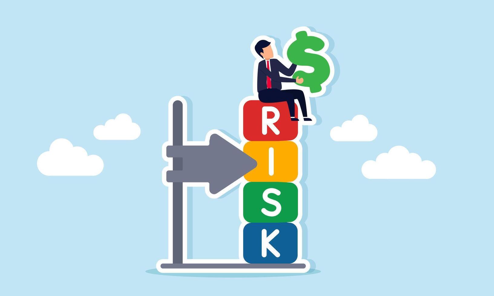 Businessman sitting on risk indicator block holding dollar sign illustration of risk calculation in managing business financial investment vector